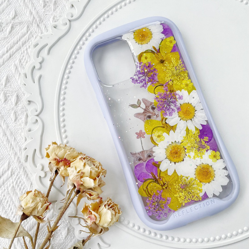 紫陽花iFace風押し花スマホケース、iPhone全機種対応、iPhone16、iPhone15Pro、iPhone8