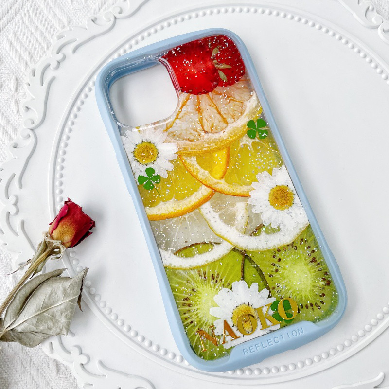 フルーツiFace風押し花スマホケース、iPhone全機種対応、みかん・オレンジ、レモン、グレープフルーツ、いちご、