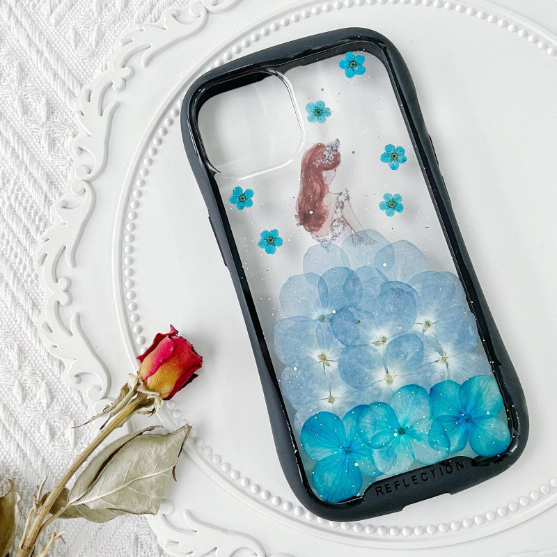 紫陽花iFace風押し花スマホケース、iPhone全機種対応、iPhone16、iPhone15Pro、iPhone8