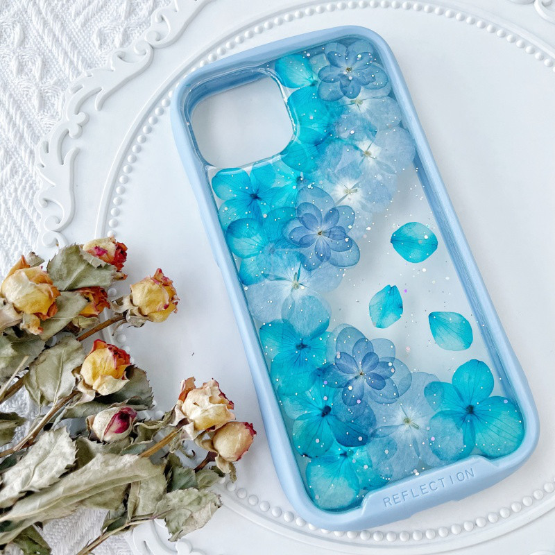 紫陽花iFace風押し花スマホケース、iPhone全機種対応、iPhone16、iPhone15Pro、iPhone8