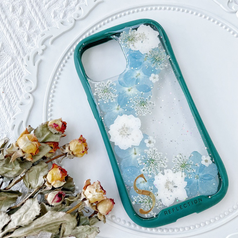 紫陽花iFace風押し花スマホケース、iPhone全機種対応、iPhone16、iPhone15Pro、iPhone8