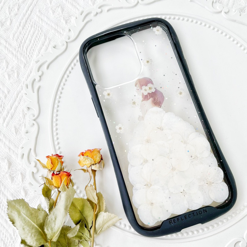 紫陽花iFace風押し花スマホケース、iPhone全機種対応、iPhone16、iPhone15Pro、iPhone8