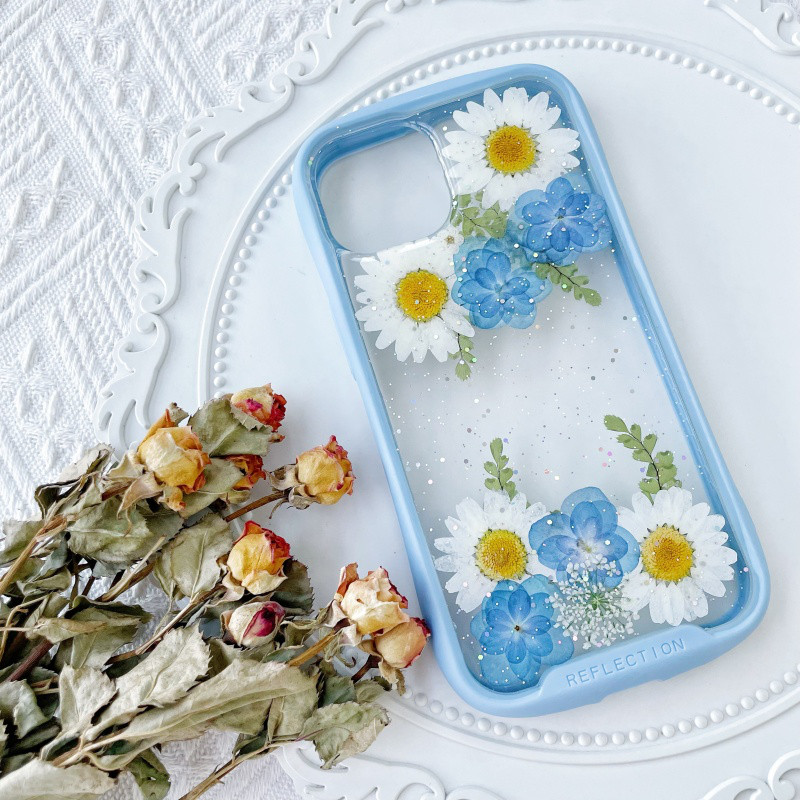 紫陽花iFace風押し花スマホケース、iPhone全機種対応、iPhone16、iPhone15Pro、iPhone8