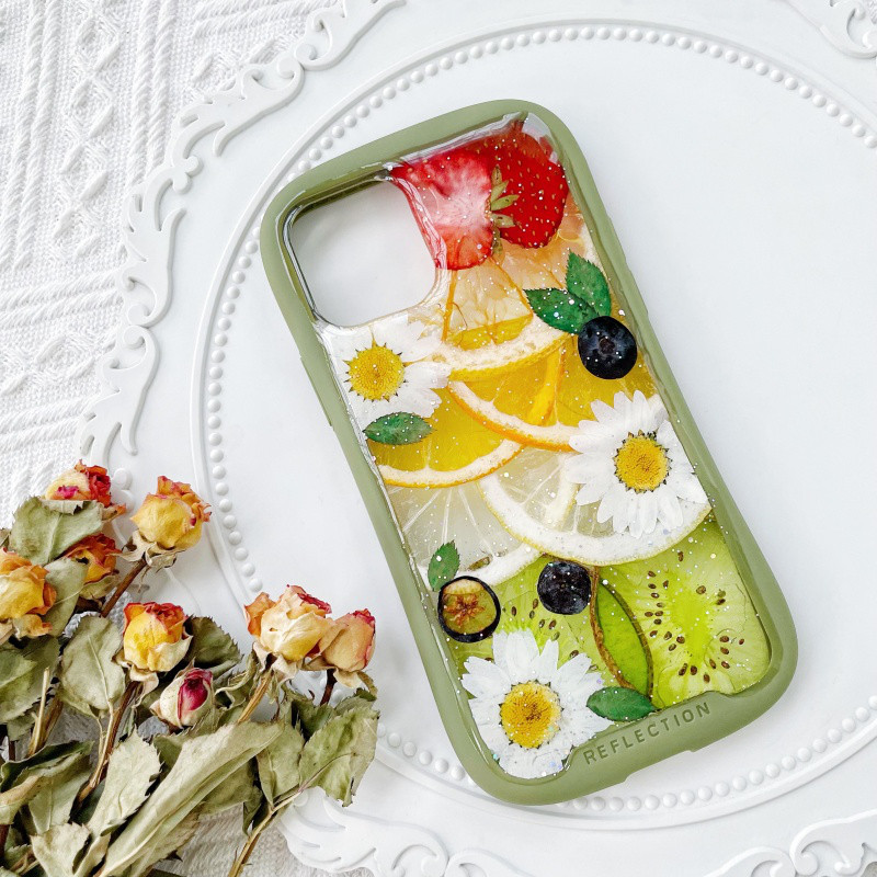 フルーツiFace風押し花スマホケース、iPhone全機種対応、みかん・オレンジ、レモン、グレープフルーツ、いちご、