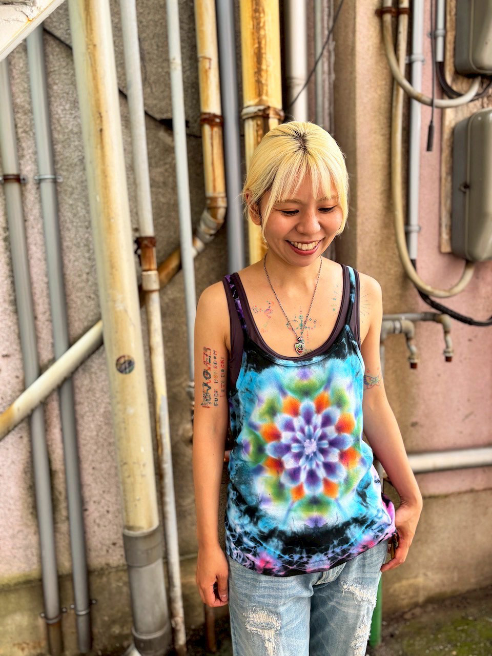 タイダイ キャミソール Lサイズ 曼荼羅模様 ブラック×カラフル HD24-06