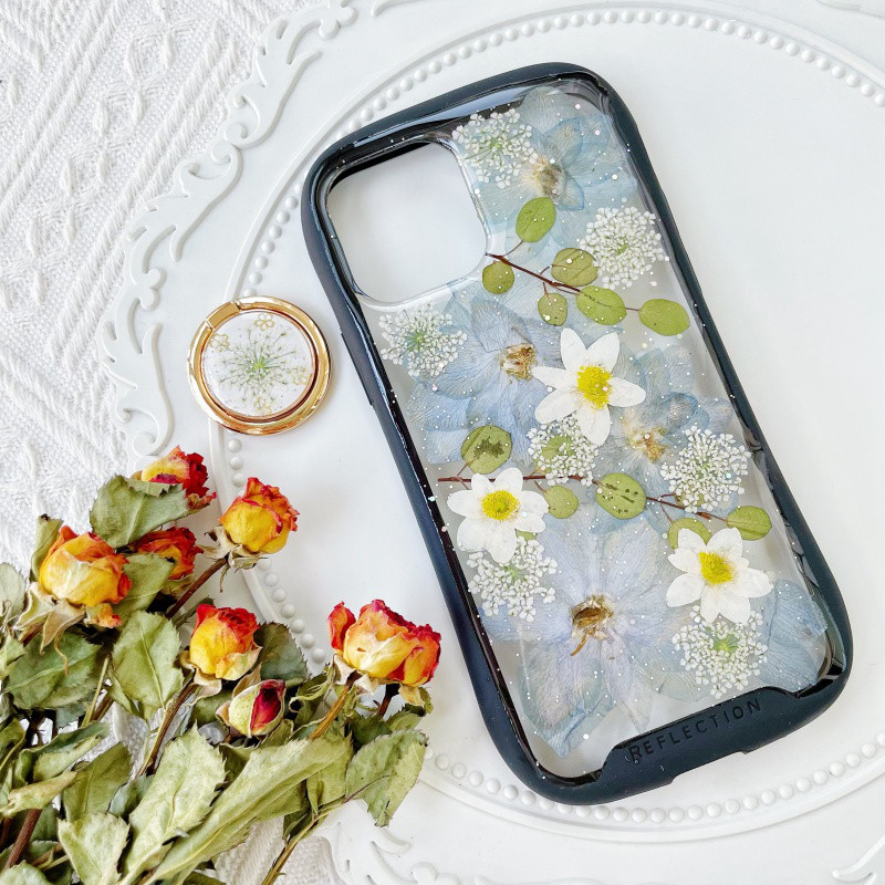 千鳥草iFace風押し花スマホケース、iPhone全機種対応、iPhone16、iPhone15Pro、iPhone8