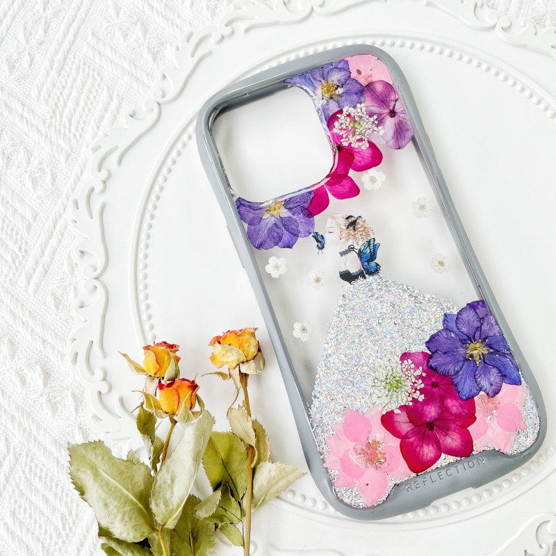 紫陽花iFace風押し花スマホケース、iPhone全機種対応、iPhone16、iPhone15Pro、iPhone8