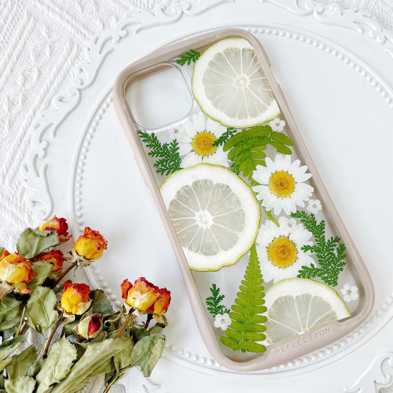 レモンiFace風押し花スマホケース、iPhone全機種対応、iPhone16、iPhone16Pro、iPhone8