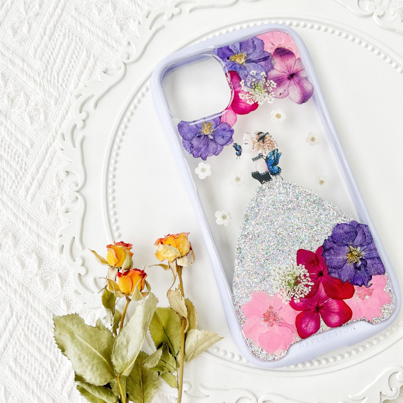 紫陽花iFace風押し花スマホケース、iPhone全機種対応、iPhone17、iPhone17Pro、iPhone8