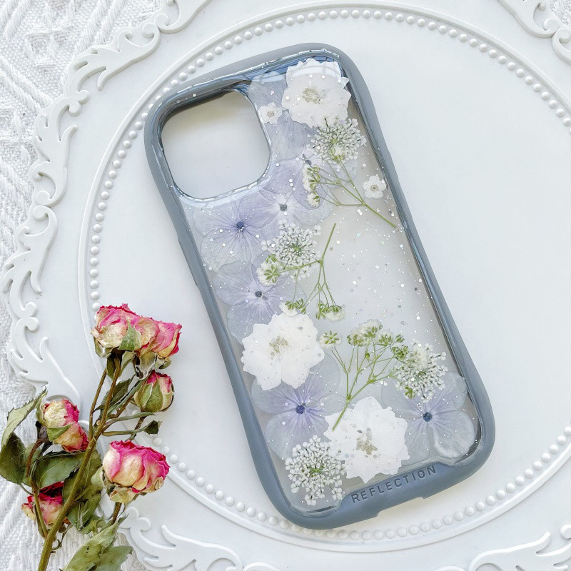 紫陽花iFace風押し花スマホケース、iPhone全機種対応、iPhone16、iPhone15Pro、iPhone8