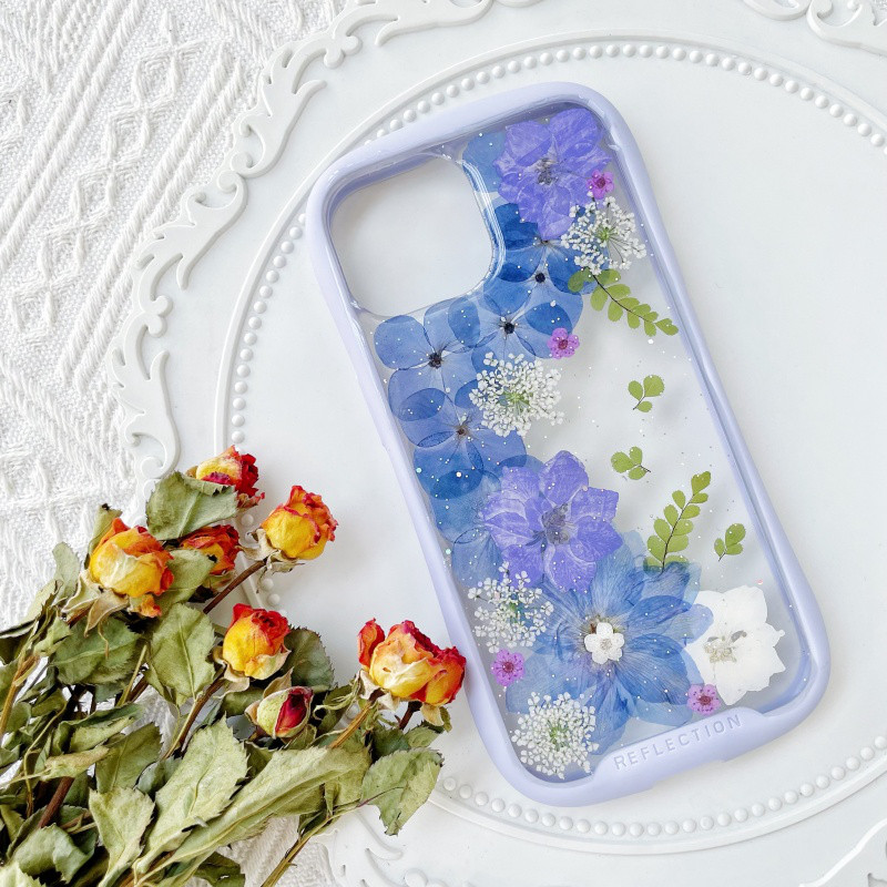 紫陽花iFace風押し花スマホケース、iPhone全機種対応、iPhone17、iPhone17Pro、iPhone8