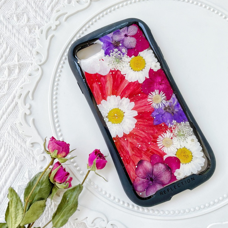 紫陽花iFace風押し花スマホケース、iPhone全機種対応、iPhone16、iPhone15Pro、iPhone8