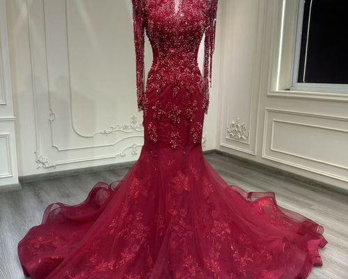美品きらきらマーメイドドレス イリュージョンネック 赤レッド背中見せ