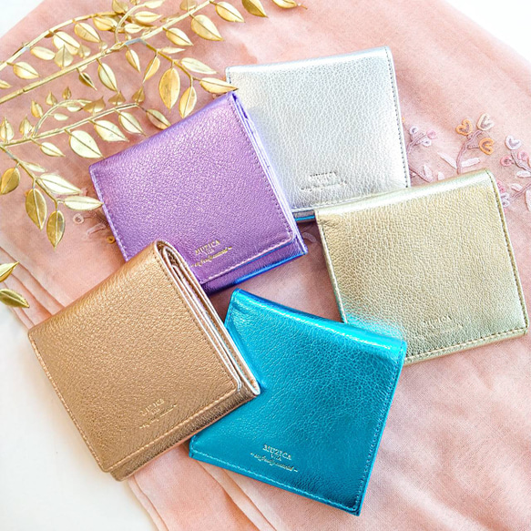 【ヤギ革】メタリックカラー２つ折り財布<5色展開>　本革　ヤギ革　　革財布　折り畳み財布　カラフル　M1018M 1枚目の画像