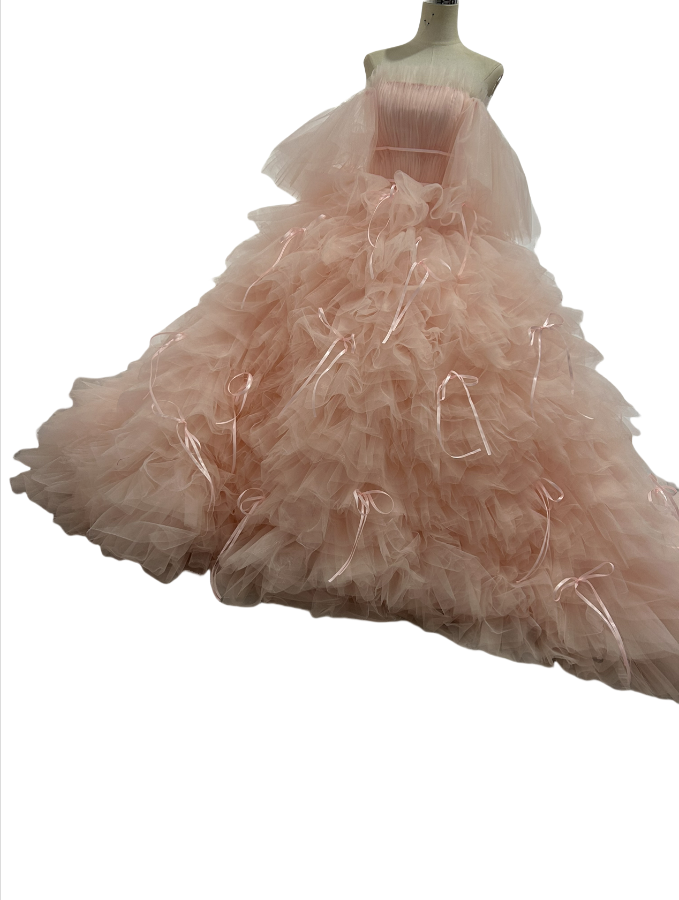 カラードレス 薄ピンク もこもこドレス ボリュームドレス リボン 編み上げ  プリンセスライン 可愛い