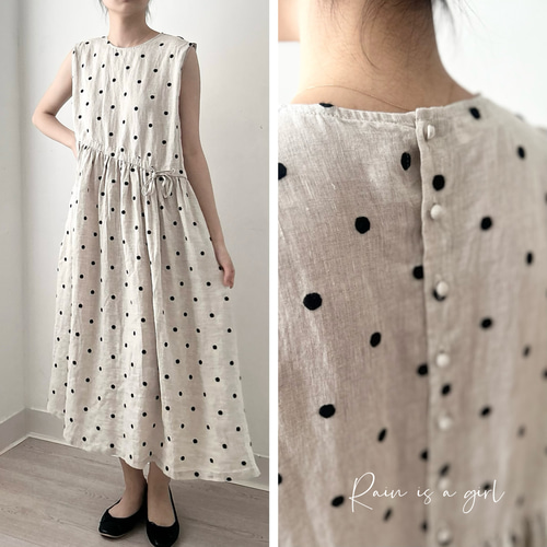 【美品】ビアズリー ドット パフスリーブ リネン ワンピース ワンピース ドット柄 バックリボン 背見せ パフスリーブ ロング