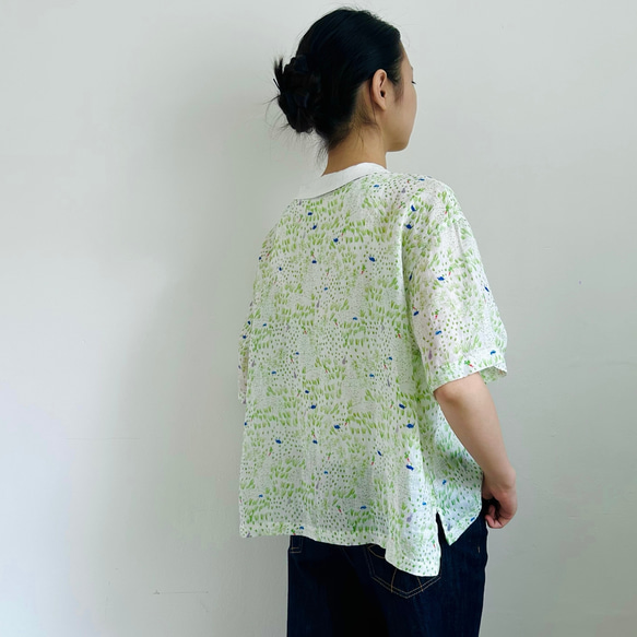 【夏芝生★可愛い花柄の半袖シャツ★天然素材】ラミー│天然素材│兎│涼しい緑│大人可愛さ│ミントグリーン│T-199XQN 7枚目の画像