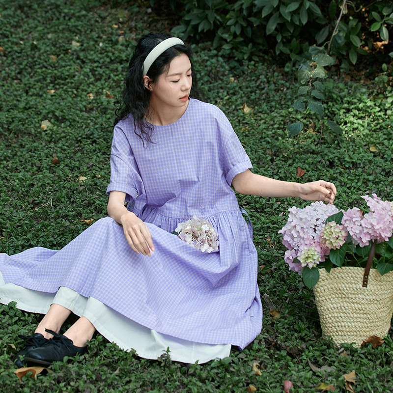 半袖格子ワンピース　100%コットンチェック柄ワンピース　ブルー　S-Mサイズ　S450