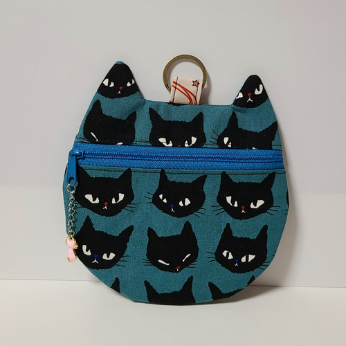 ハンドメイド 猫型ファスナーポーチ コスメカードケース 猫柄 小銭入れ