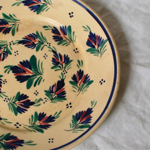 アンティークプレート カンペール焼き 手描き パン皿 平皿 青 花柄 中