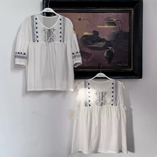 すずしげマリン風刺繍 ノースリーブブラウス【春夏秋】白 ブラウス ね