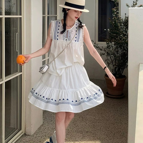 丈が選べる すずしげマリン風刺繍 ティアードロングスカート【春