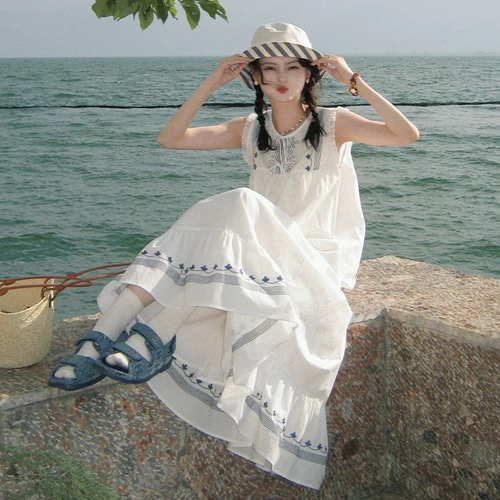 丈が選べる すずしげマリン風刺繍 ティアードロングスカート【春夏秋