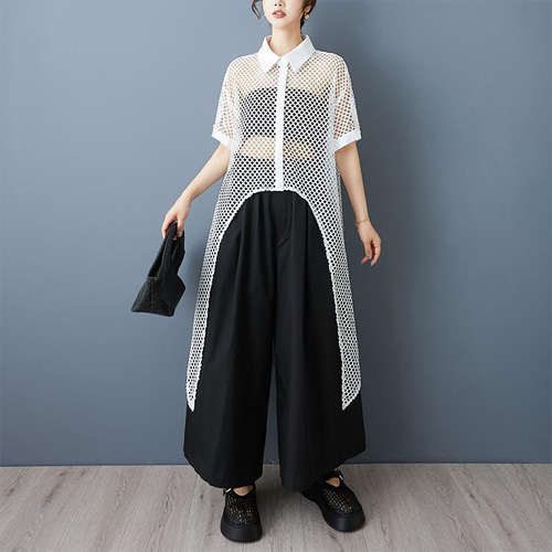 【最安値】 大きいサイズ メッシュ シアー シャツ レディース 春夏 新品 シャツ+ブラウス(半袖+袖なし)