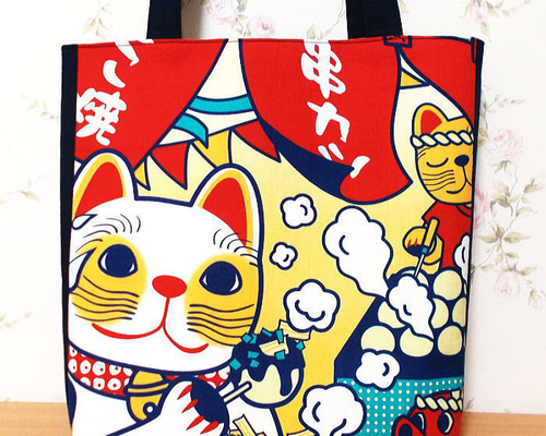 大きめトートバッグ 大阪うまいもん巡り猫ちゃん たこ焼き 千客万来
