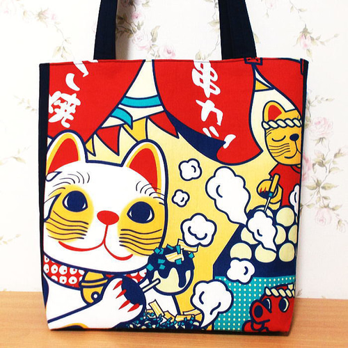 大きめトートバッグ 大阪うまいもん巡り猫ちゃん たこ焼き 千客万来
