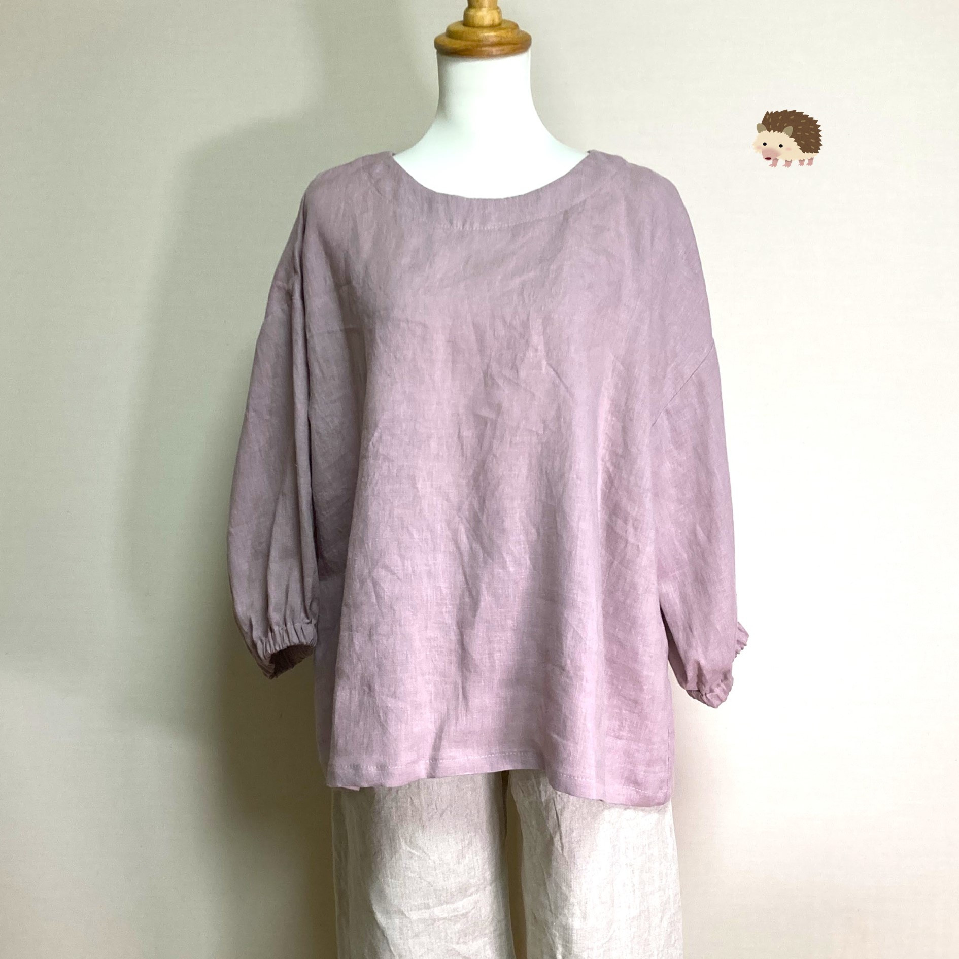 ランタンスリーブのシンプルブラウス　七分袖【ナチュラルリネン　ライト】◆サクラ◆フリーサイズ（リネン100％）