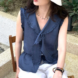 2色 セーラーカラー ノースリーブブラウス ウエストリボン【春夏秋】白