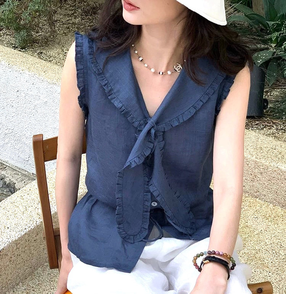 2色 セーラーカラー ノースリーブブラウス ウエストリボン【春夏秋】白