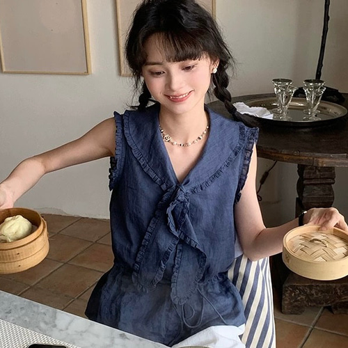 2色 セーラーカラー ノースリーブブラウス ウエストリボン【春夏秋】白