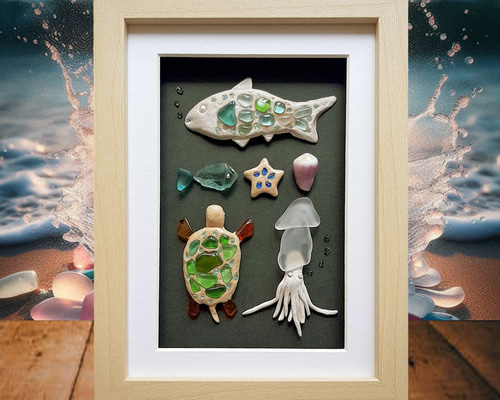 ②新作【sea*happiness】海からの贈り物 シーグラスアート whale #シーグラスアート#シーグラスアート作品#シーグラス#海