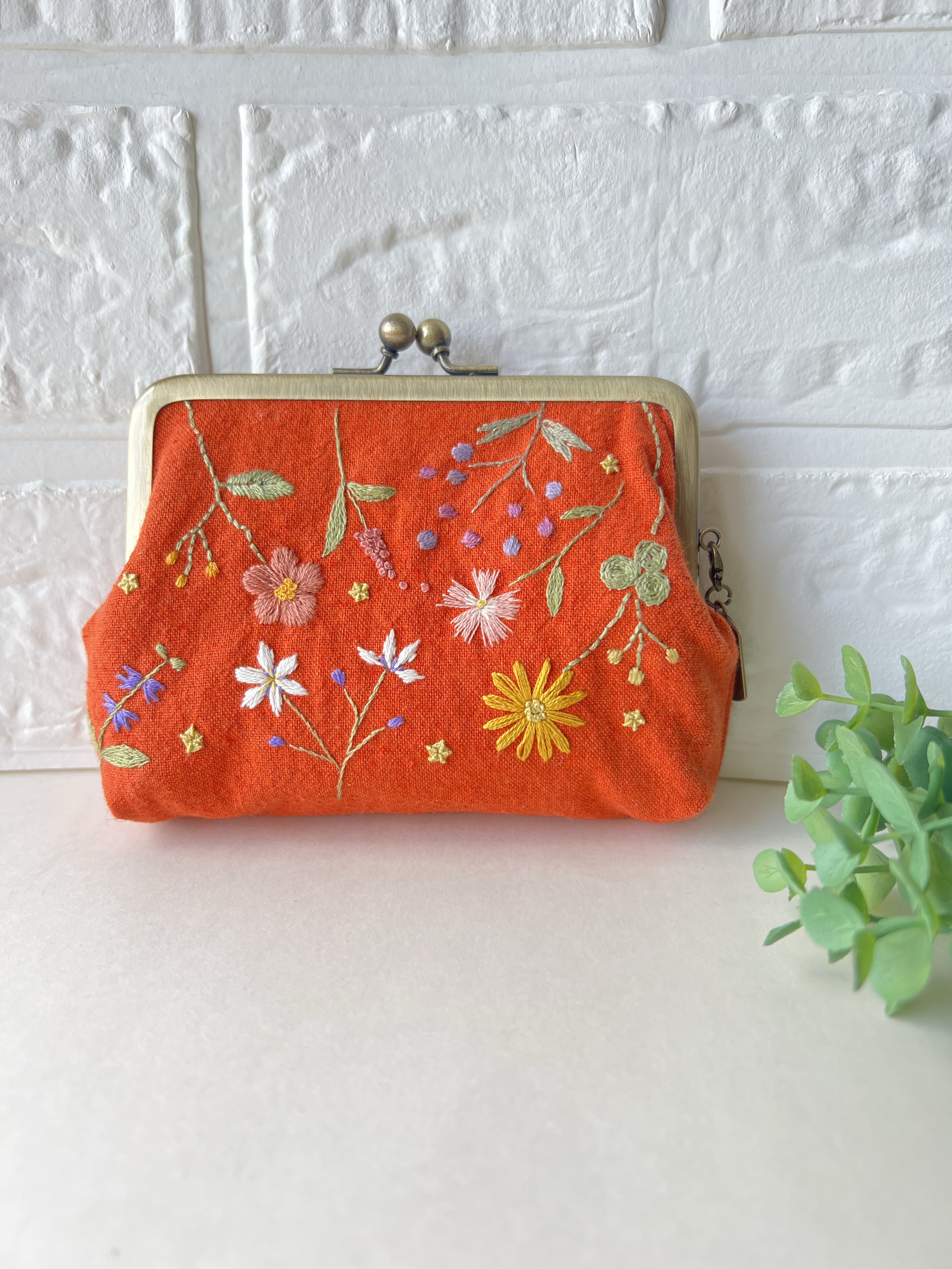 夕焼け空の刺繍親子がま口財布