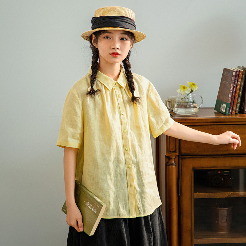 100%リネン半袖シャツ　シンプルリネンシャツ　3色　S-Mサイズ　S451 6,674円