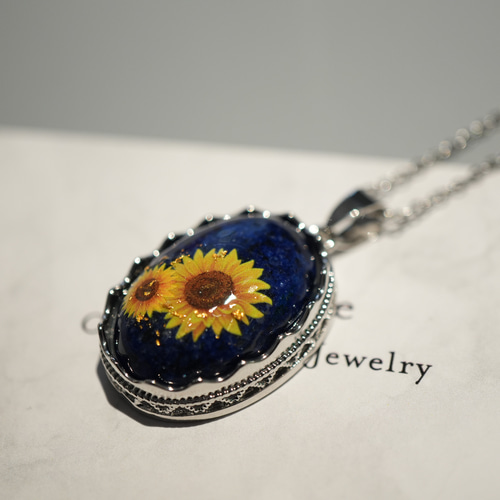 天然石ラピスラズリとひまわりのペンダント ネックレス 金箔 24K