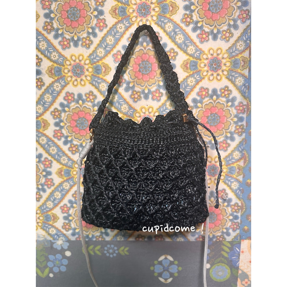 No.218②コットンラフィア✳︎巾着かごバッグ⚫︎「ピンクがかった麦色」と「黒」のみ⚫︎creema限定販売 5枚目の画像