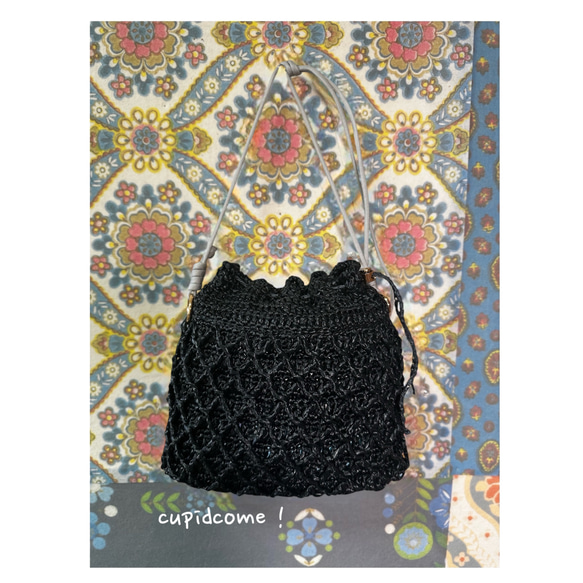 No.218②コットンラフィア✳︎巾着かごバッグ⚫︎「ピンクがかった麦色」と「黒」のみ⚫︎creema限定販売 2枚目の画像