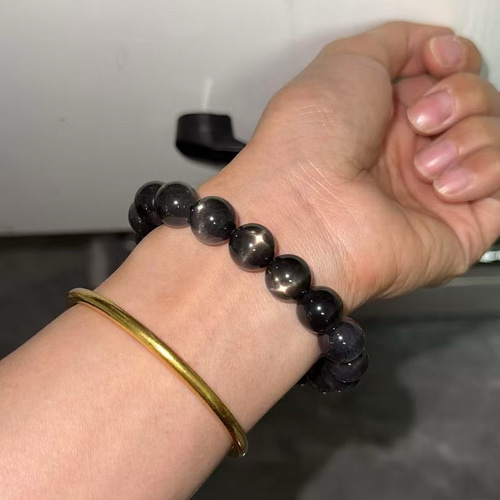 天然無処理 ブラックサンストーン ブレスレット 11.3mm ブレスレット  