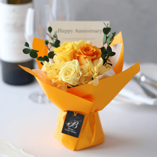 プリザーブドフラワー ギフト 花束 ブーケ バラ 黄色 オレンジ 枯れ