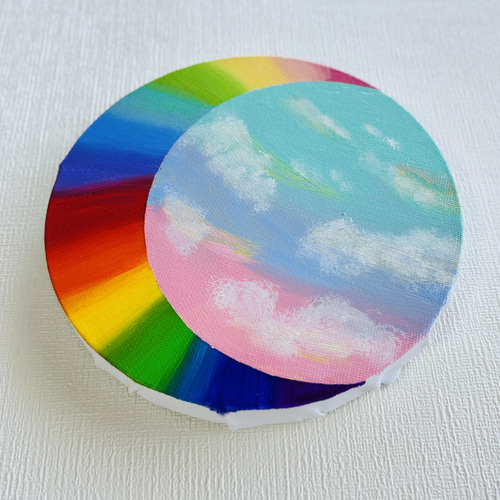15cm丸】虹 空 雲 キャンバスアート カラフル アクリル絵の具 ※運気