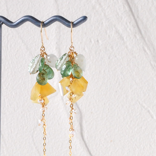 14kgfドットグリーンカイヤナイト新緑ピアス/イヤリング 14kgf/新緑のブーケピアス/グリーンカイヤナイトxイエロー