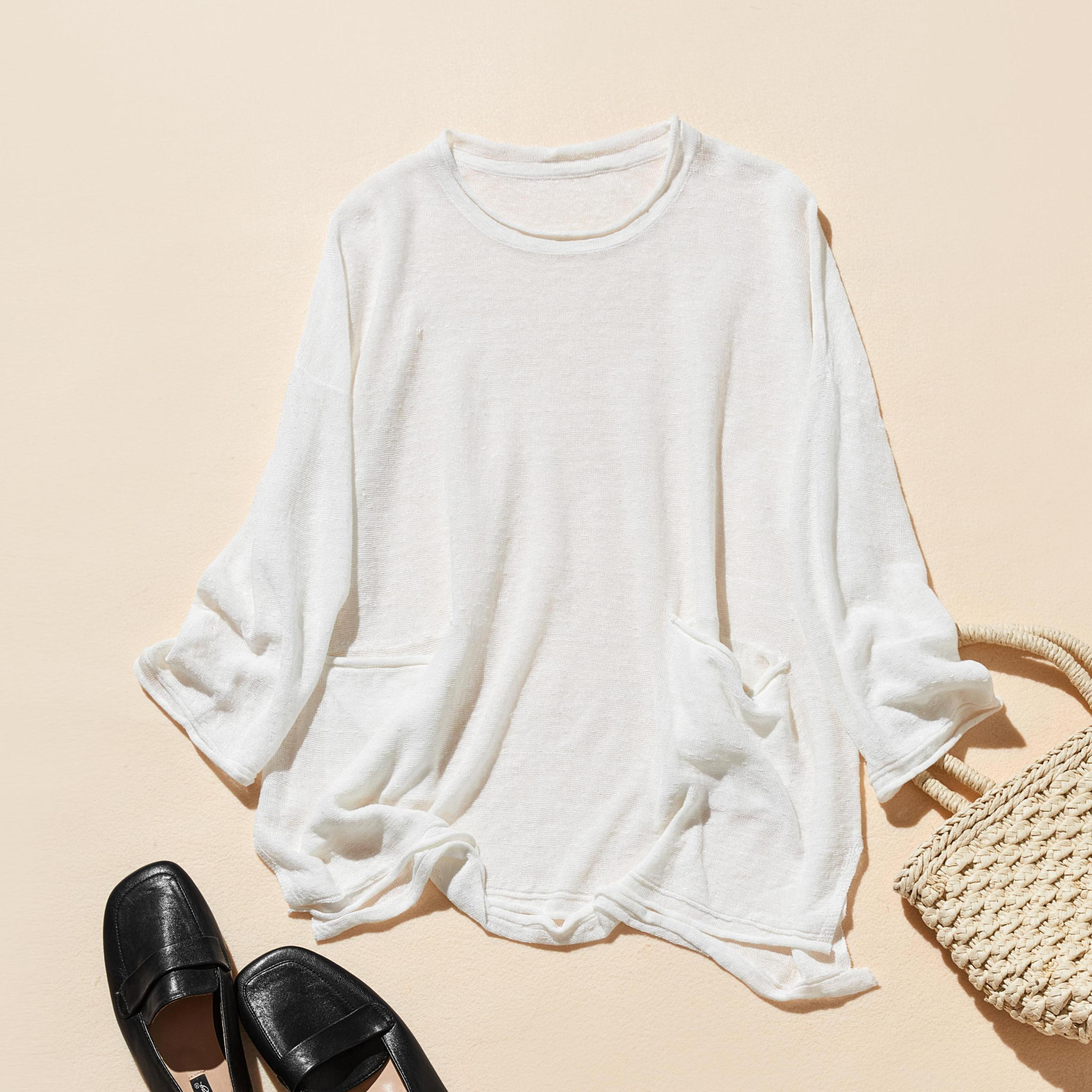 ★即納★【特別価格】通年快適プルオーバー  リネン100％　９分袖リネンニット　オフホワイト　250508-1