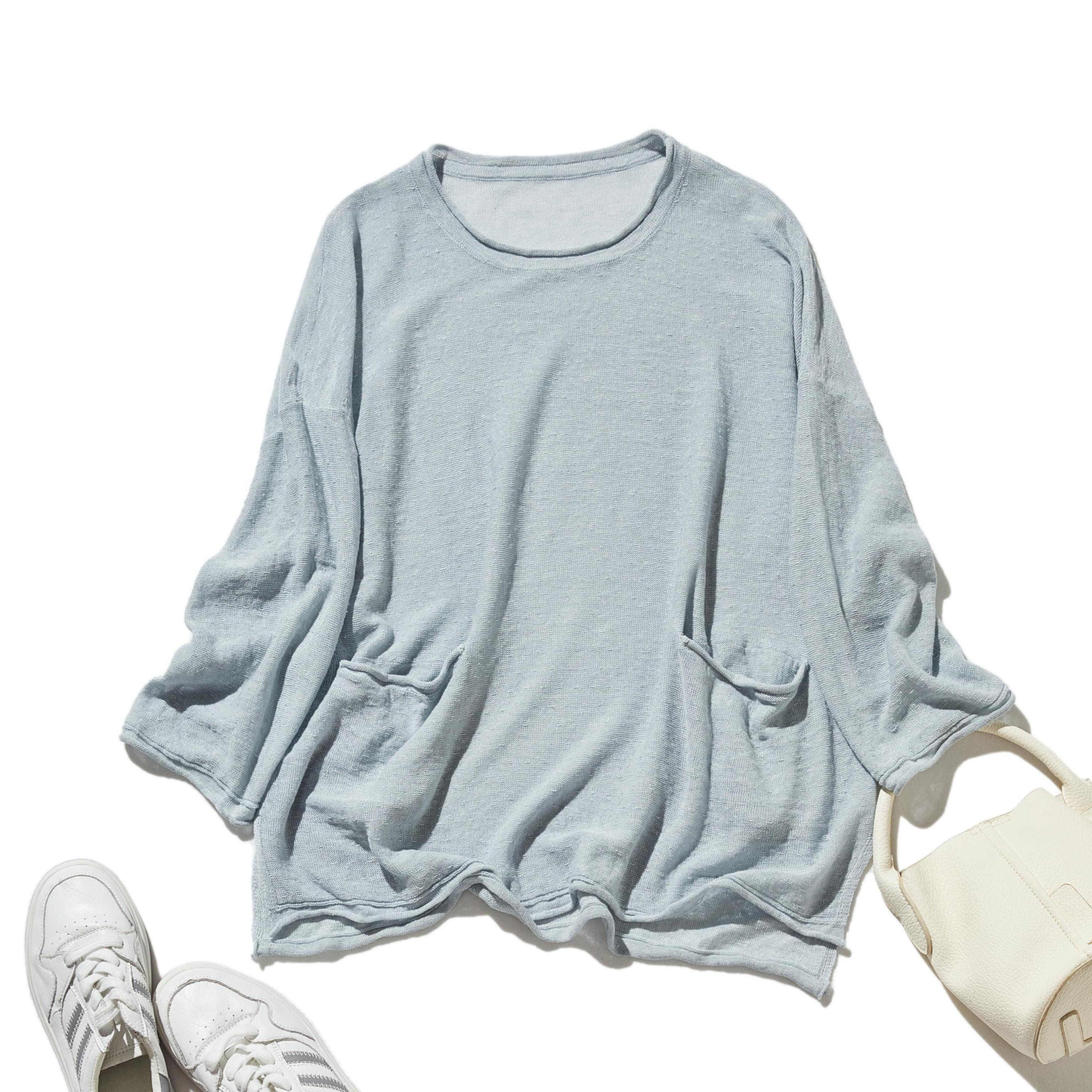 ★即納★【特別価格】通年快適プルオーバー リネン100％　９分袖リネンニット　ライトブルー　250508-2