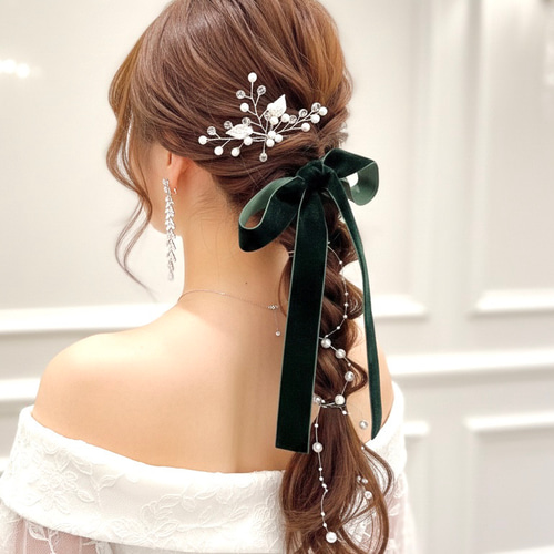 グリーン / フック付 ワイド ベロアリボン ポニーフック ヘア