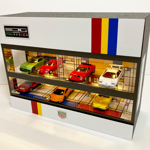 たけし・1/18展示6台可・3層式ディスプレーBOX/ネオジオラマ 1/64展示可・ランダム木・3層式ディスプレーBOX / LED20灯