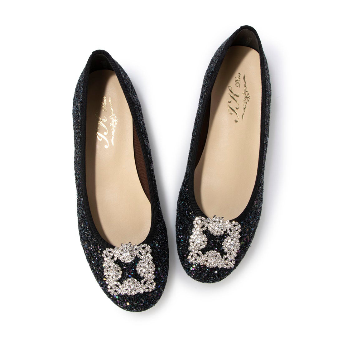 【日本製】美脚美姿勢ラウンドトゥフラットシューズ #2240-55 ■ブラック 大粒グリッター■