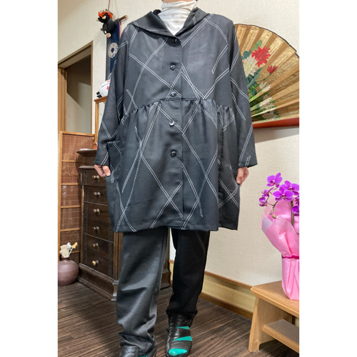 着物リメイクパターン：ライトジャケット：バンドカラー＆フード